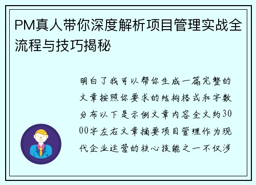 PM真人带你深度解析项目管理实战全流程与技巧揭秘